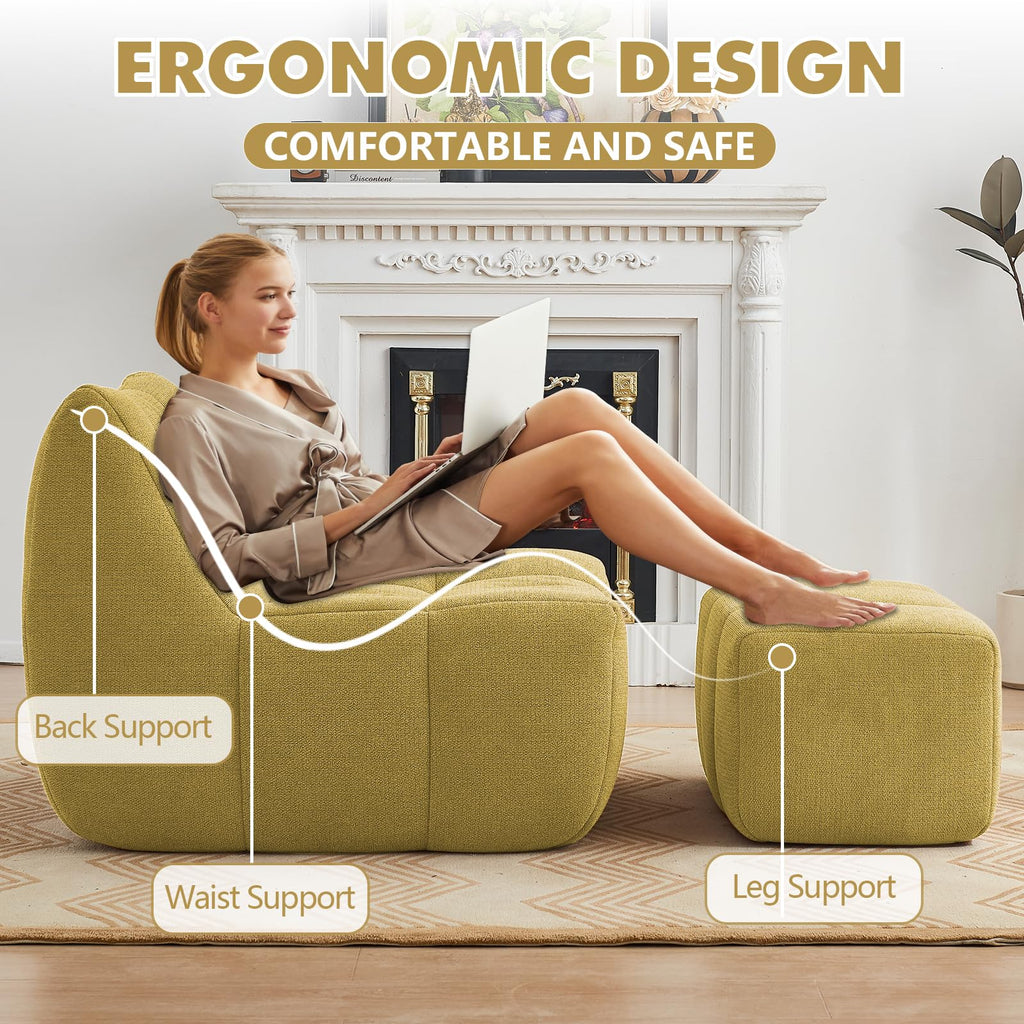 Yellow Memory Foam Bean Bag Chair with Ottoman Q104703