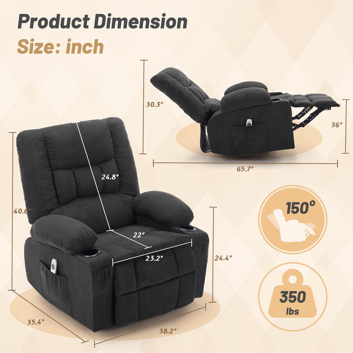 Oversized Swivel Rocker Recliner Chair with Massage & Heat, Black L443477