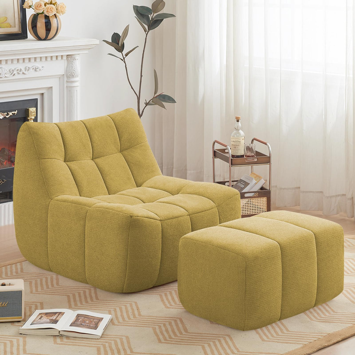 Yellow Memory Foam Bean Bag Chair with Ottoman Q104703