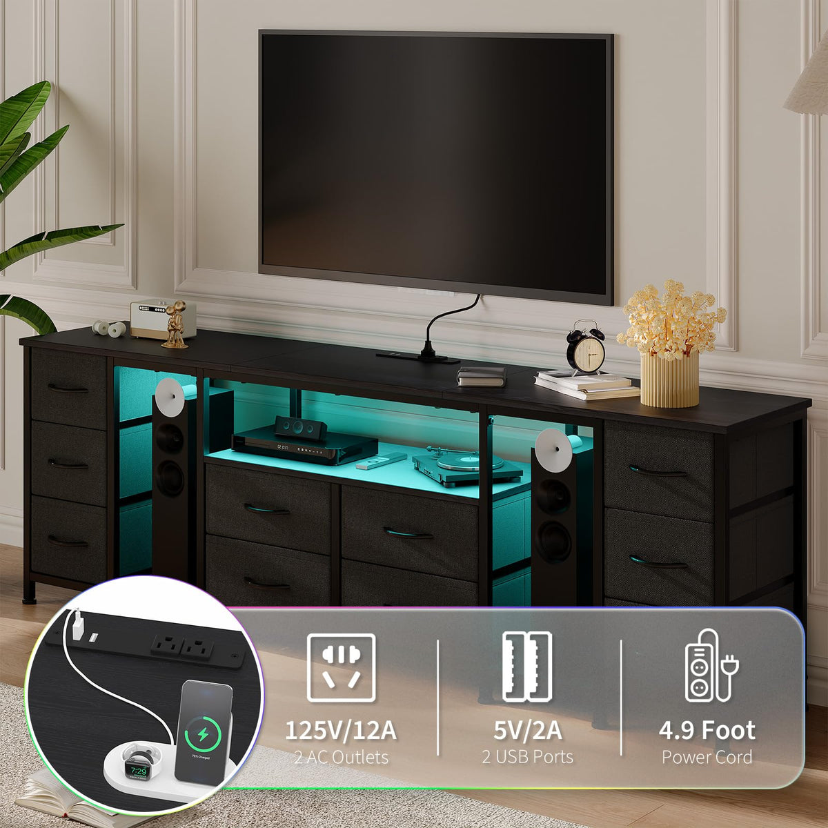 Black 10 Drawer Dresser TV Stand with Power Outlets K79602