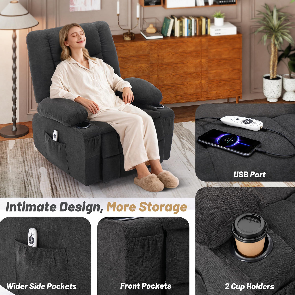 Oversized Swivel Rocker Recliner Chair with Massage & Heat, Black L443477