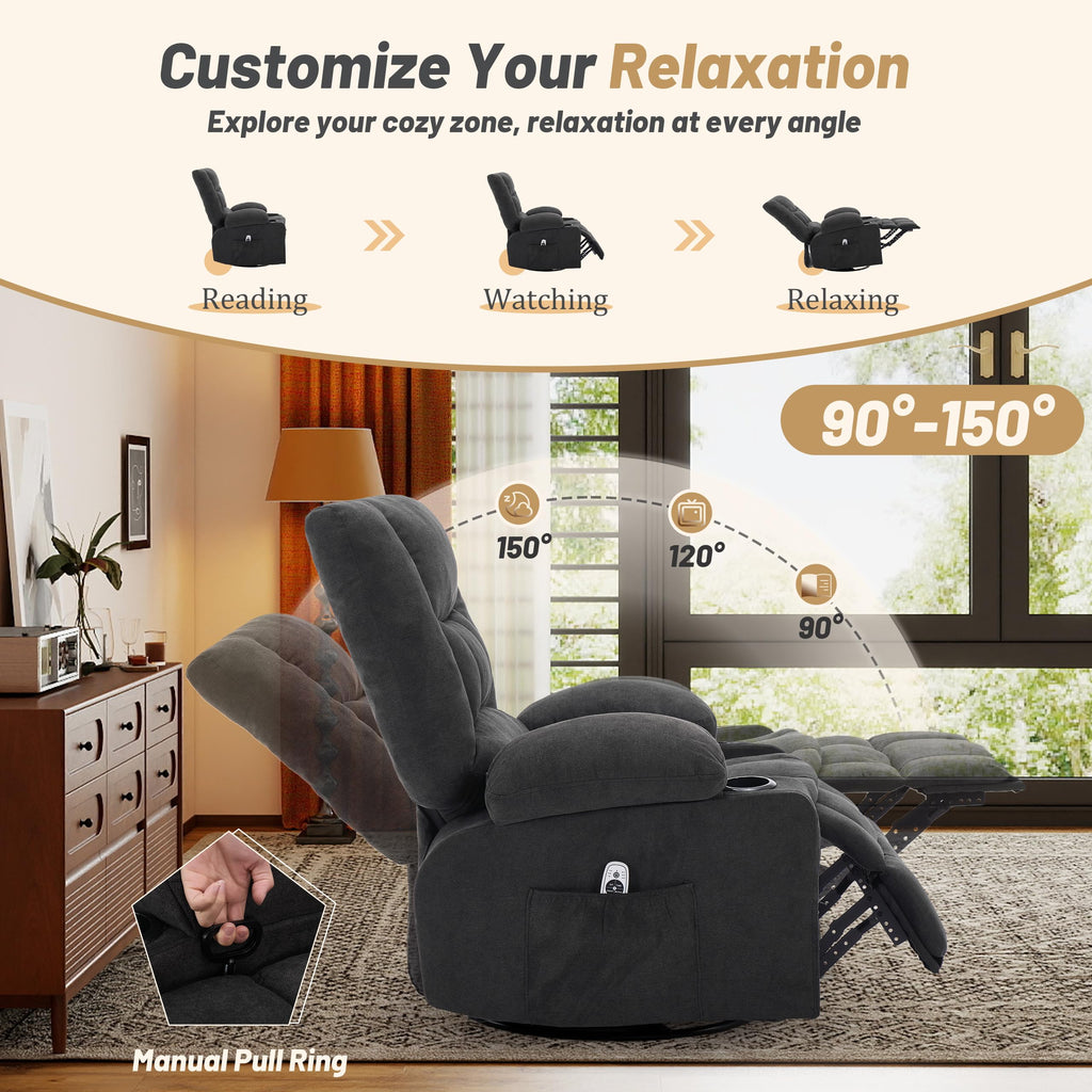 Oversized Swivel Rocker Recliner Chair with Massage & Heat, Black L443477