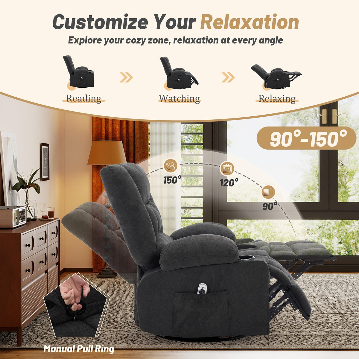 Oversized Swivel Rocker Recliner Chair with Massage & Heat, Black L443477