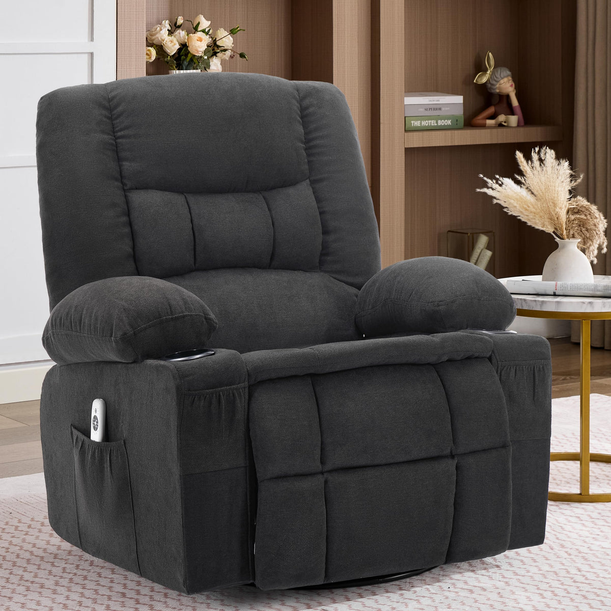 Oversized Swivel Rocker Recliner Chair with Massage & Heat, Black L443477