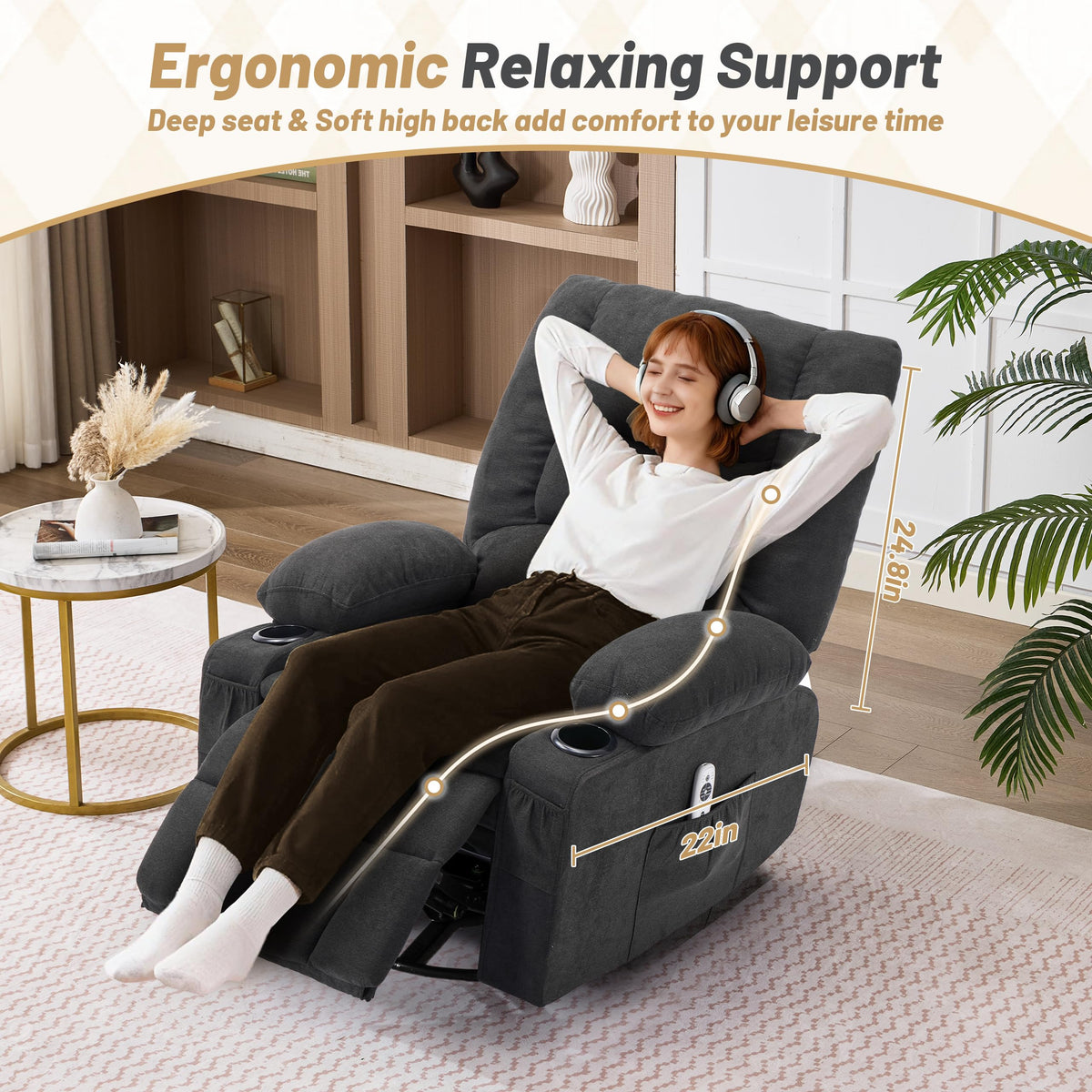 Oversized Swivel Rocker Recliner Chair with Massage & Heat, Black L443477