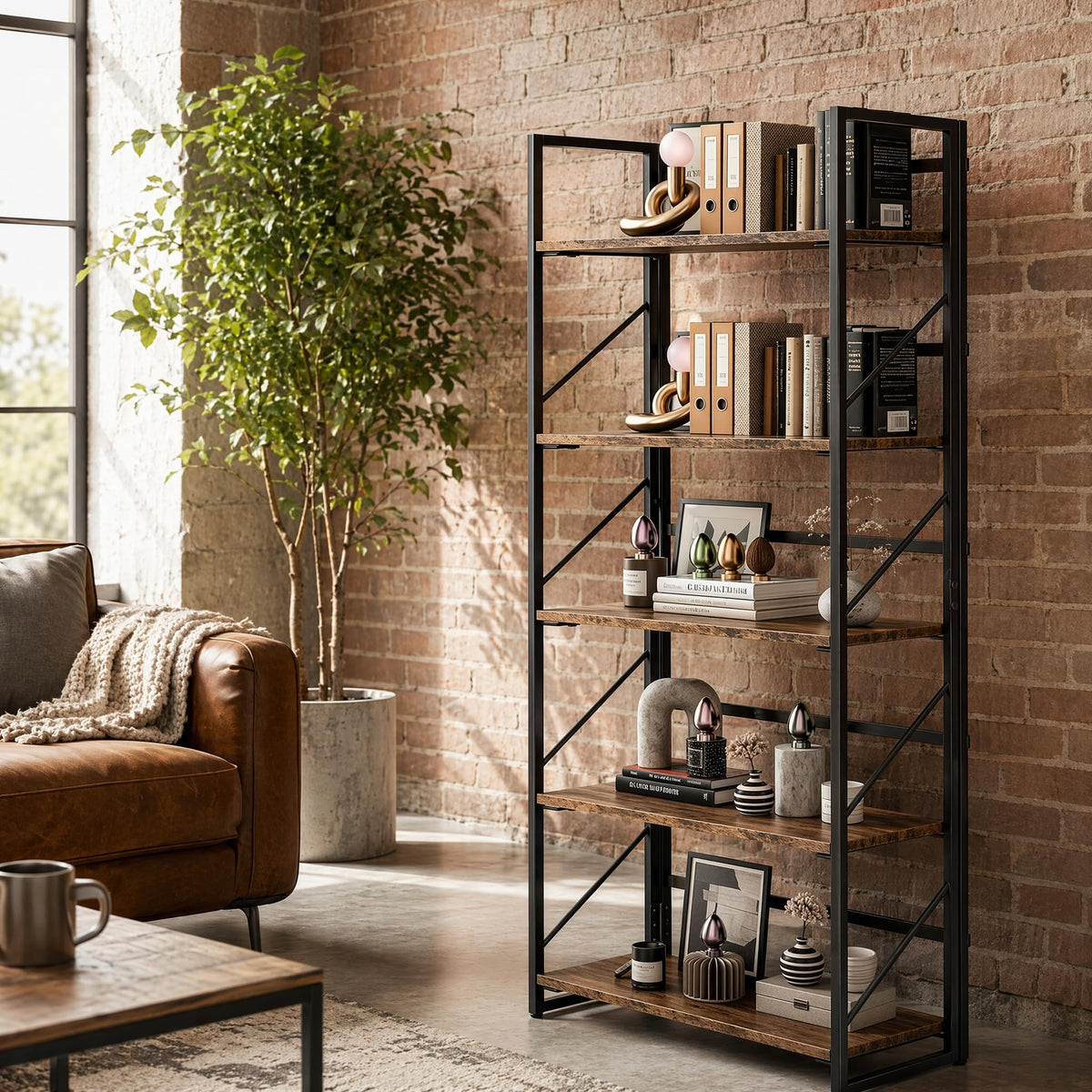 5-Tier Rustic Brown Folding Bookshelf W7891