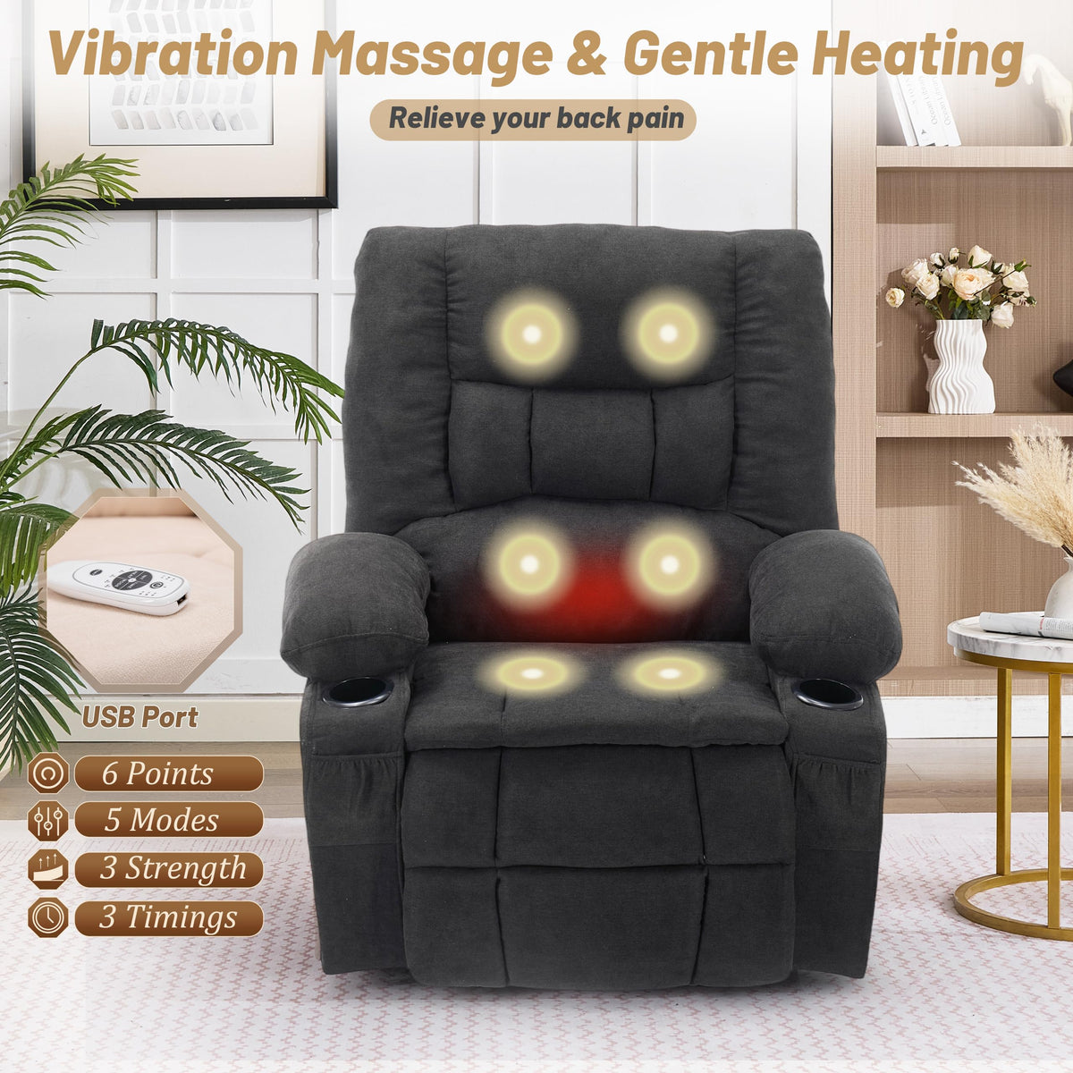 Oversized Swivel Rocker Recliner Chair with Massage & Heat, Black L443477