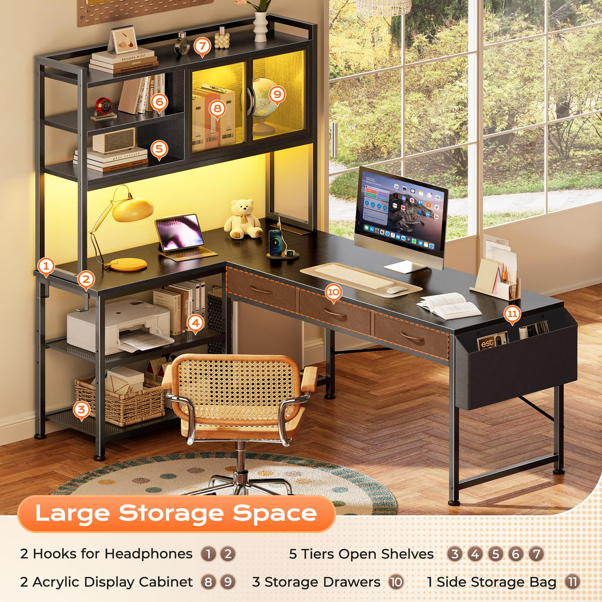 57.5 Inch L Shaped Gaming Desk with Power Outlets Q9847