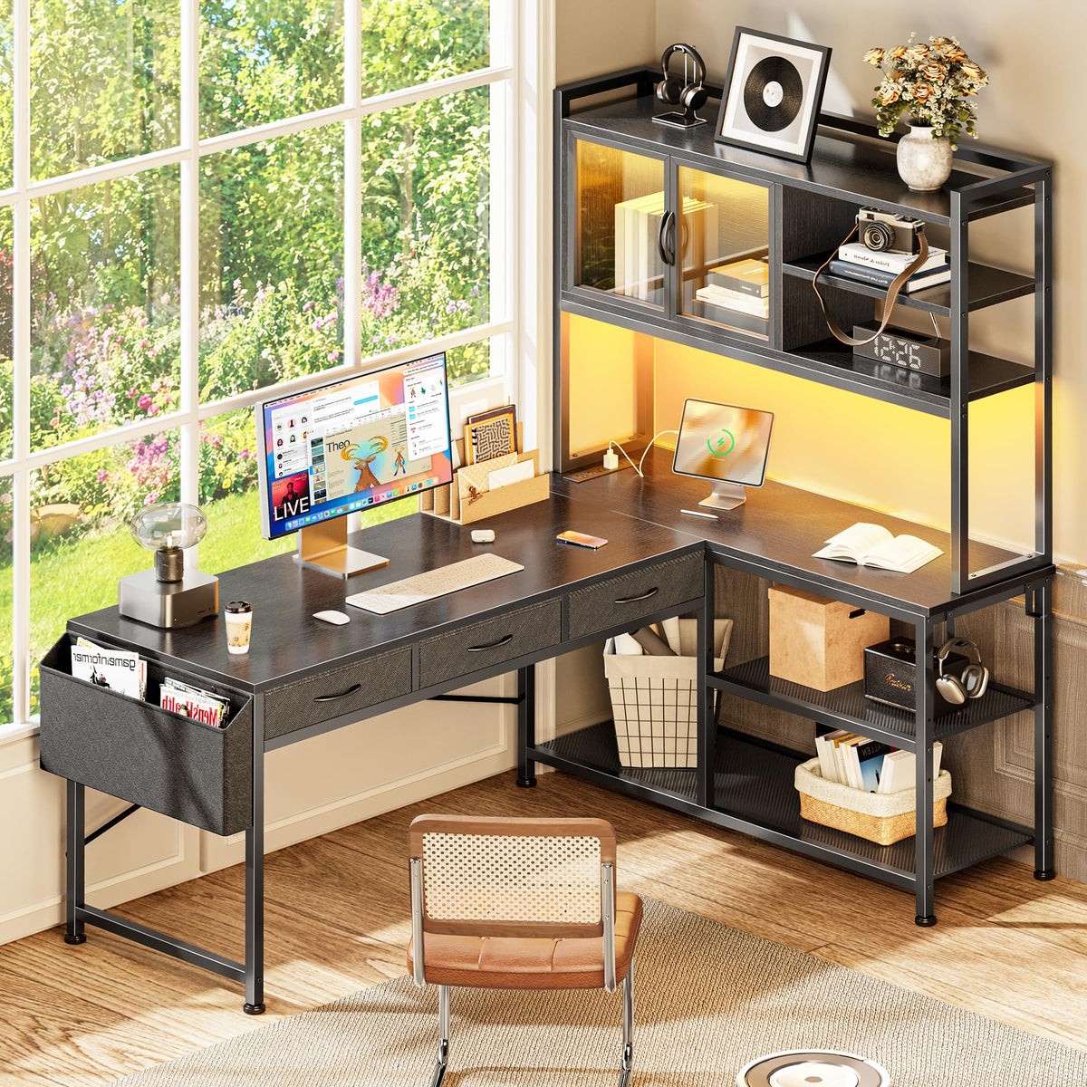 57.5 Inch L Shaped Gaming Desk with Power Outlets Q9847