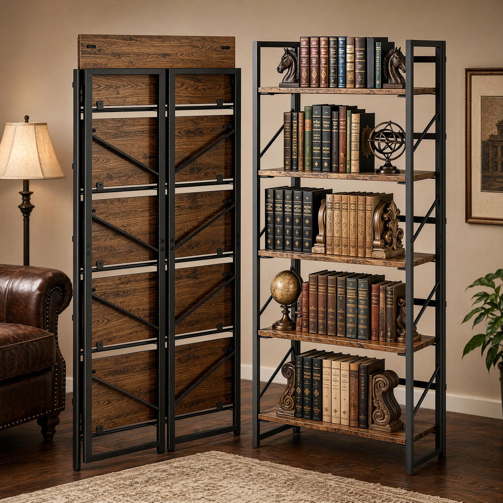 5-Tier Rustic Brown Folding Bookshelf W7891