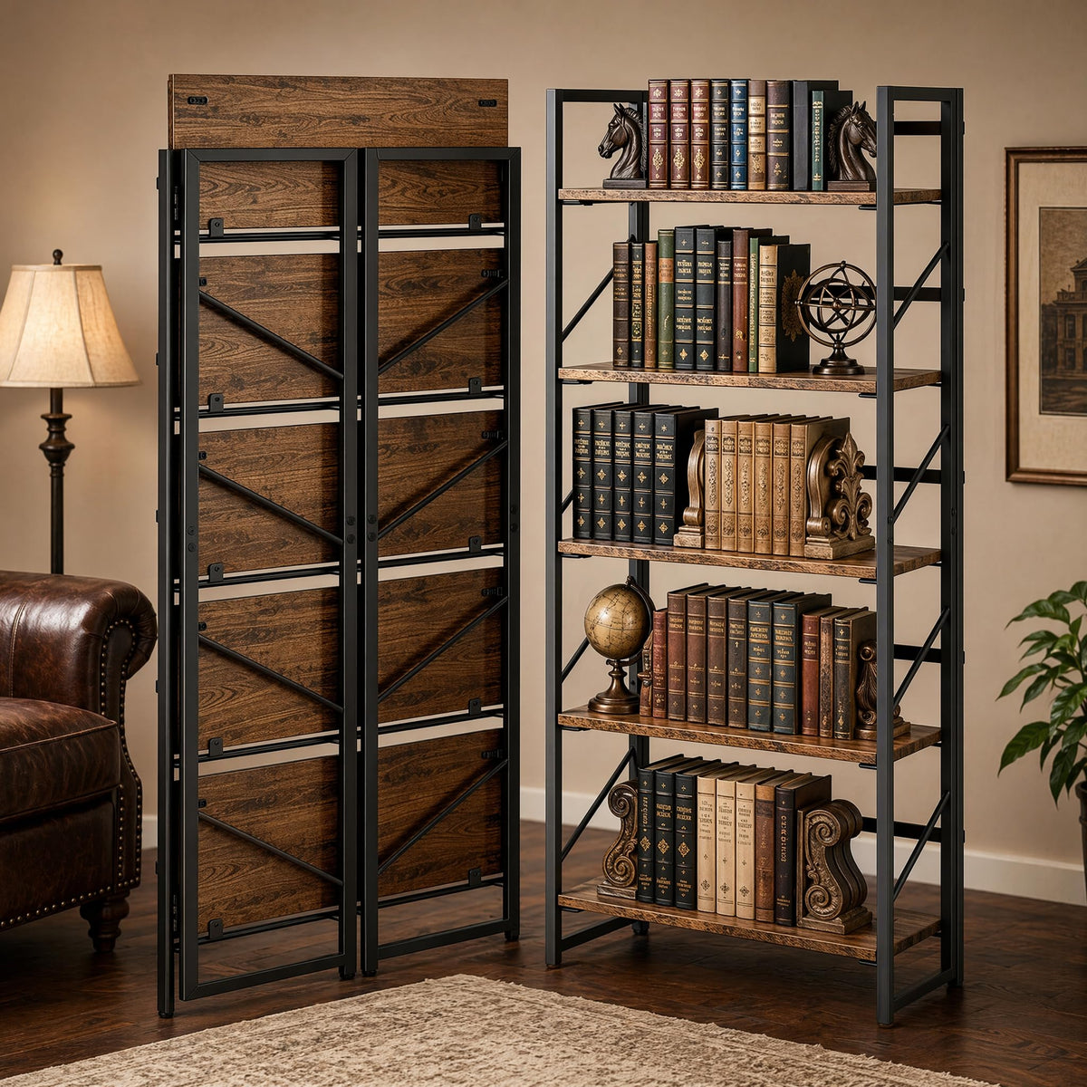5-Tier Rustic Brown Folding Bookshelf W7891